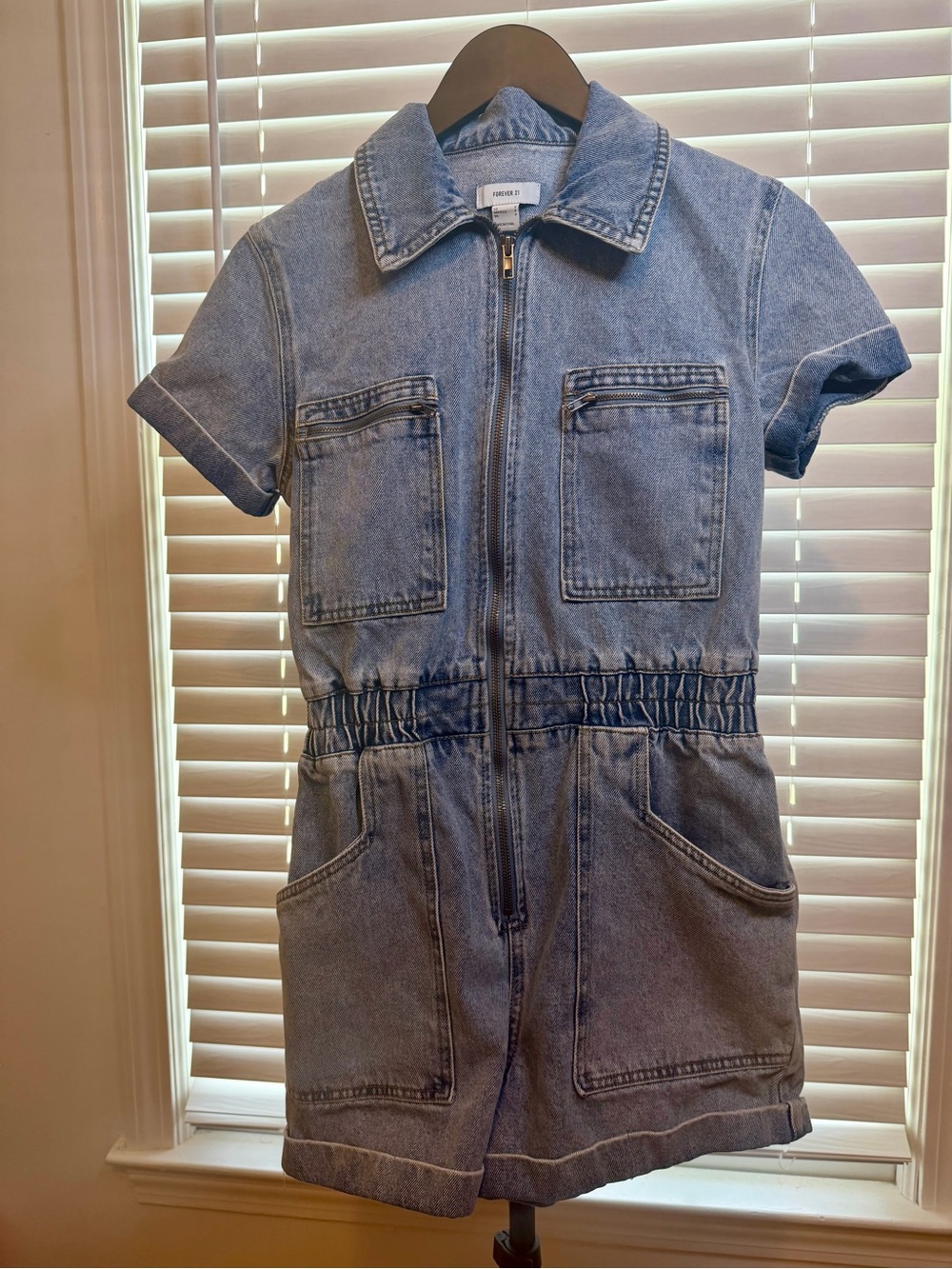 Forever 21 Denim Utility Romper | Zip Front | Short Sleeve | Size Small